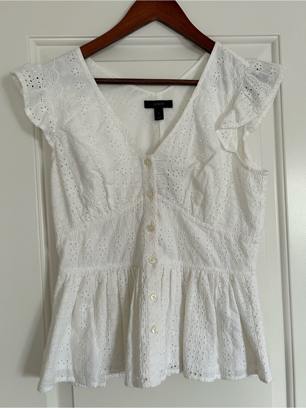 NWT J. Crew White Eyelet Button-Front Peplum Top Broderie Embroidered Sz 2